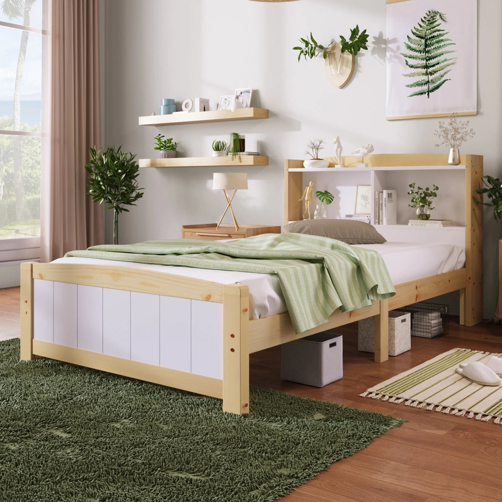 Letto singolo 90x200 cm; testiera contenitore; legno; bianco (Senza materasso)