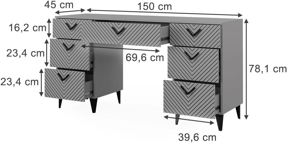 Scrivania Anett, Grigio, 150 x 45 cm con 7 cassetti, adatto per l'uso come postazione di lavoro o ufficio domestico