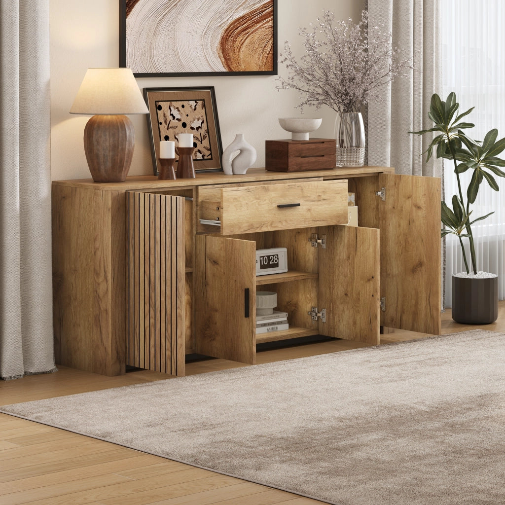 Credenza con 4 ante, 1 cassetto e ripiani regolabili, per soggiorno, in pannello truciolare rovere, 160 × 40 × 75 cm