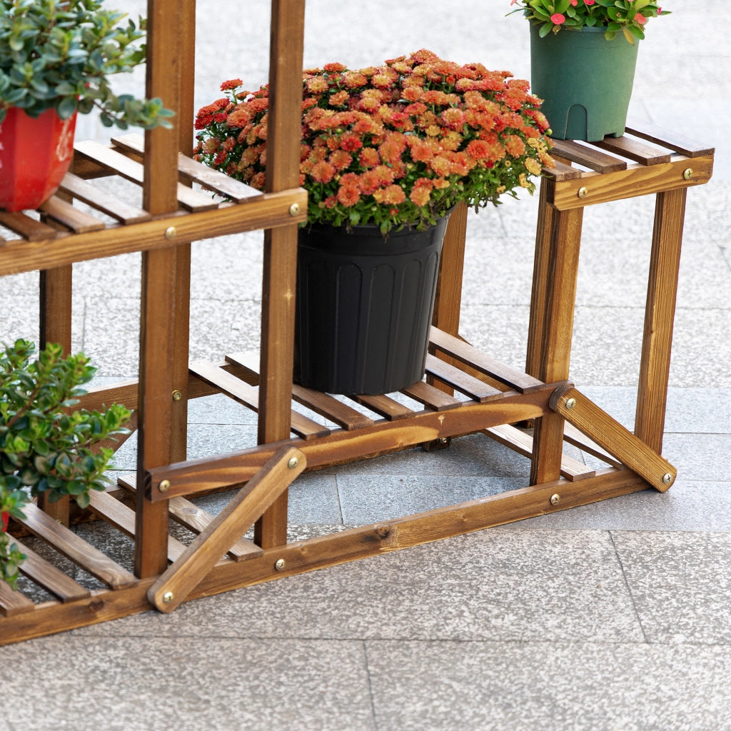Portavaso in legno massello a 6 ripiani, finitura carbonizzata, 98x28x96,5 cm, per giardino e balcone.