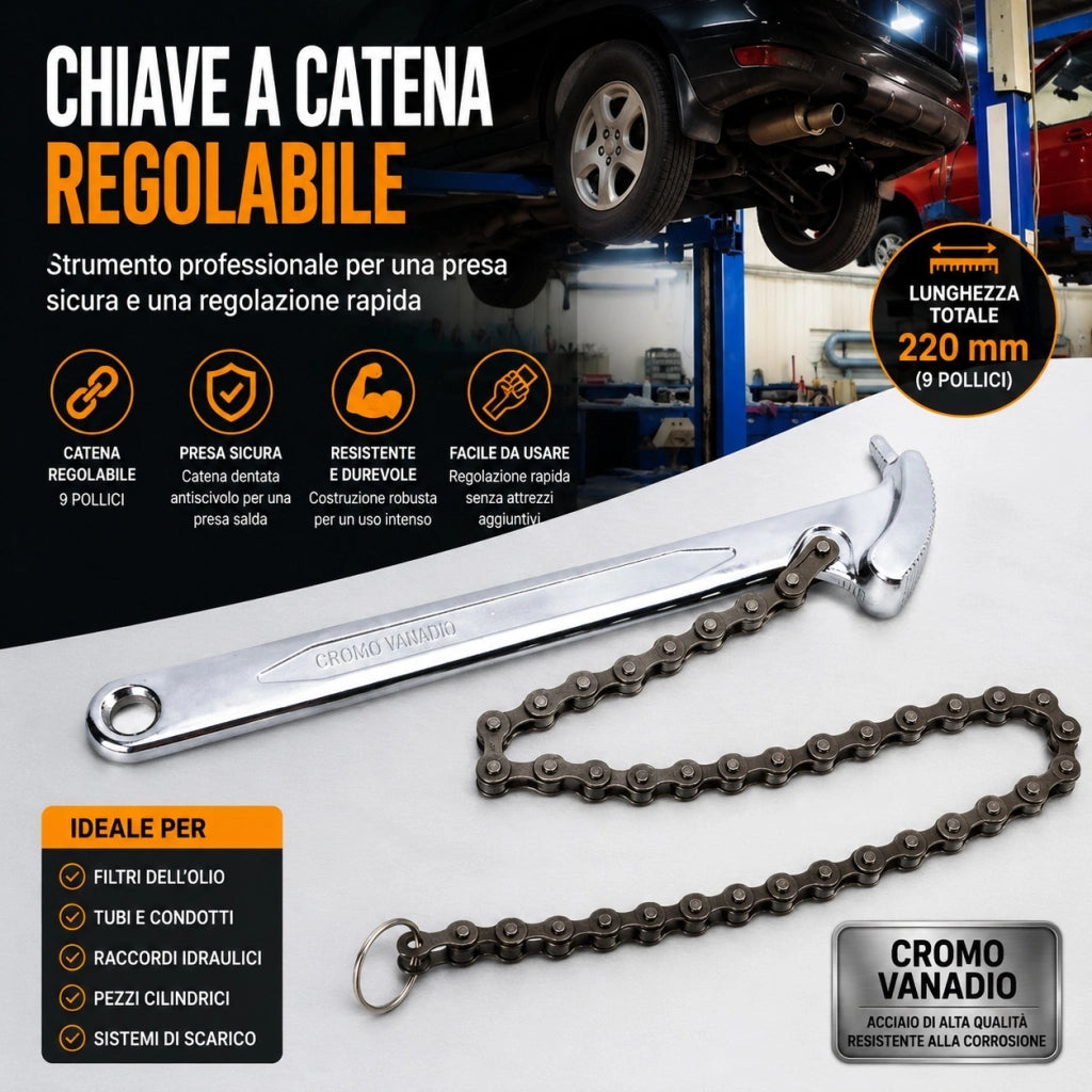 Chiave a Catena Regolabile 22 Cm In Acciaio per Tubi Filtri Olio Raccordi 722009