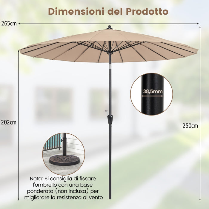 Ombrellone da mercato con costole in fibra di vetro inclinazione a pulsante, Ombrellone da patio rotondo di 265cm Marrone-Ombrelloni