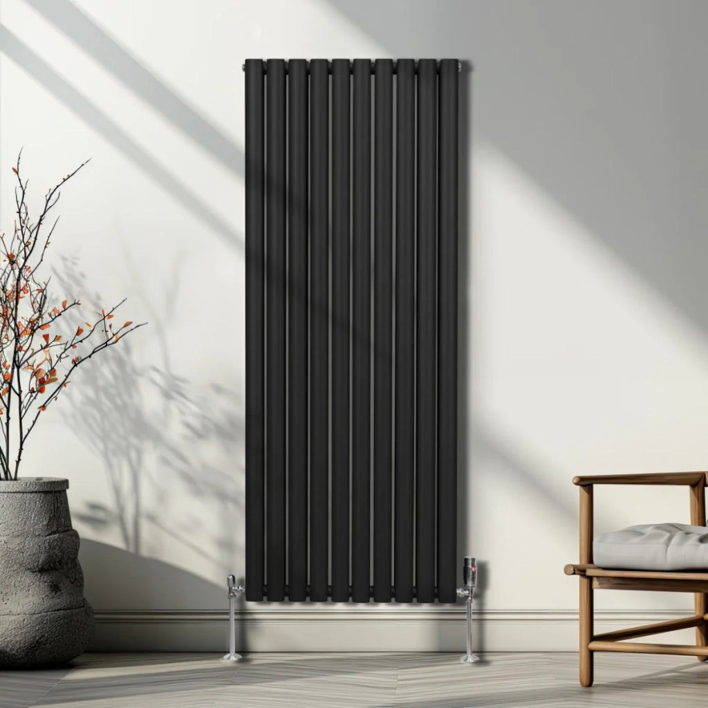 Radiatore a colonna ovale e valvole cromate TRV Designer nero 1600mm x 600mm