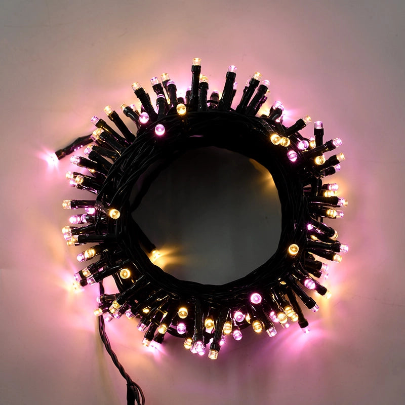 CATENA NATALIZIA 300 LED LUCE ROSA E GIALLA 15 METRI FILO VERDE - PER INTERNI ED ESTERNI IP44