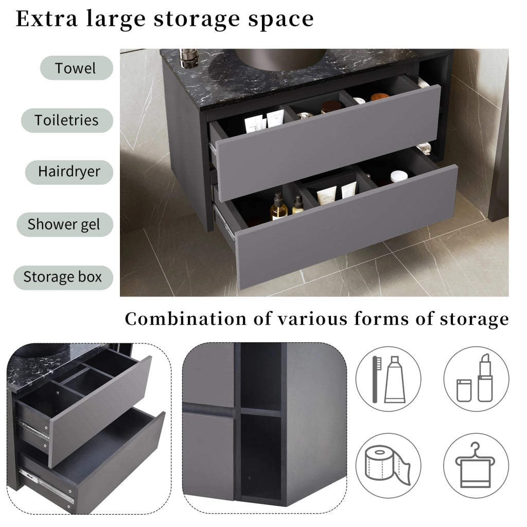 Mobile sottolavabo con cassetti e vano aperto; lavabo rotondo in ceramica; per bagno; in MDF; nero e grigio
