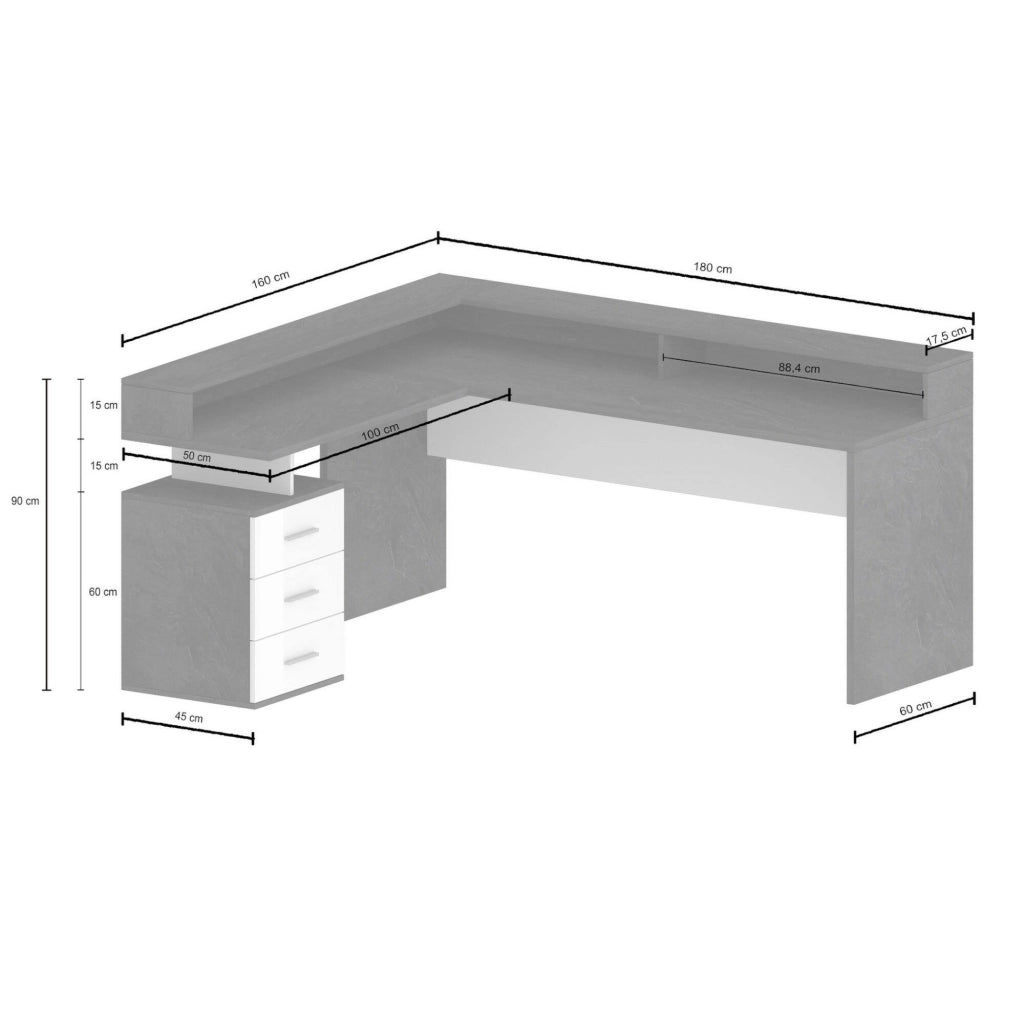 Scrivania Leonilda, Scrittoio angolare con sopralzo, Scrivania ufficio multiuso, 180x90h160 cm, Bianco
