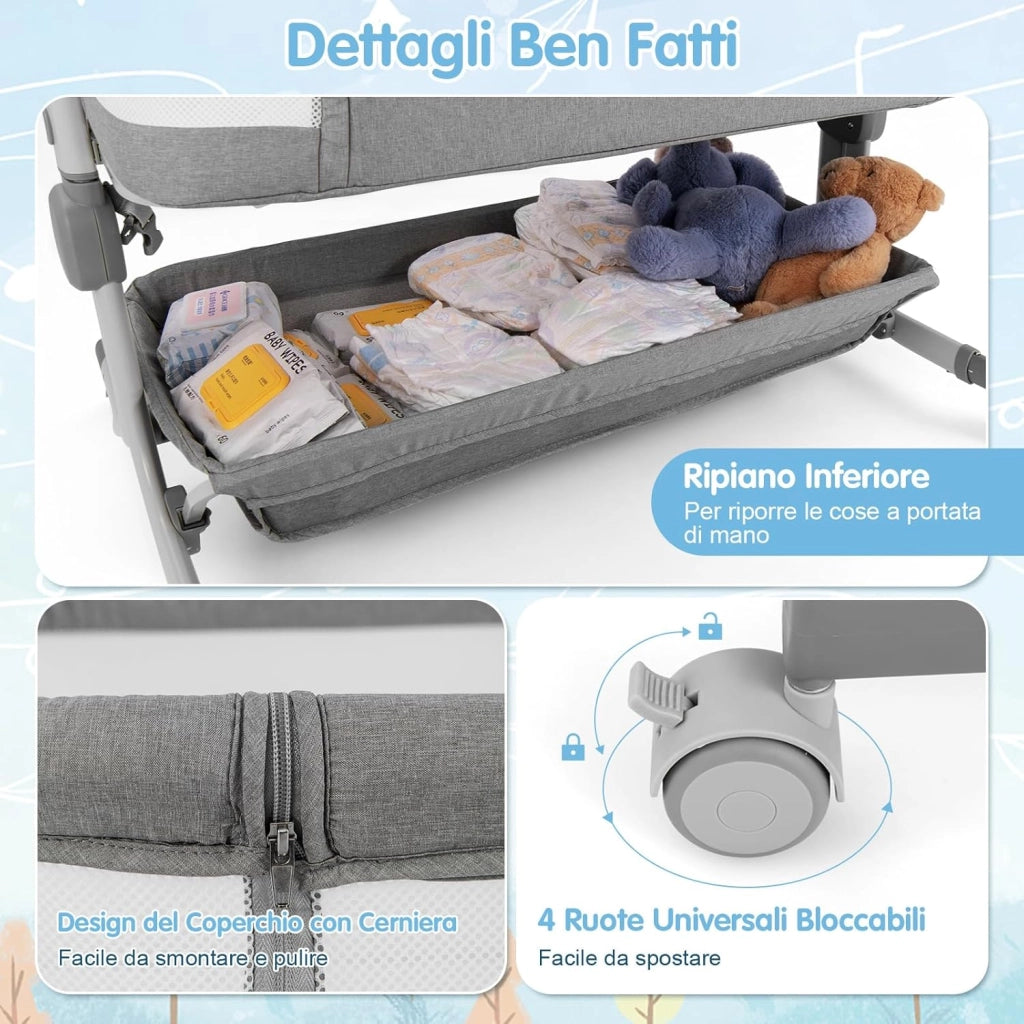 Culla Neonato con Matterasso, Culla Next to Me Piechevole con Altezza Regolabile a 6 Livelli, Lettino Bambino con Mensola Portaoggetti, Borsa da Trasporto, per Bambini 0-6 Mesi (Grigio Chiaro)