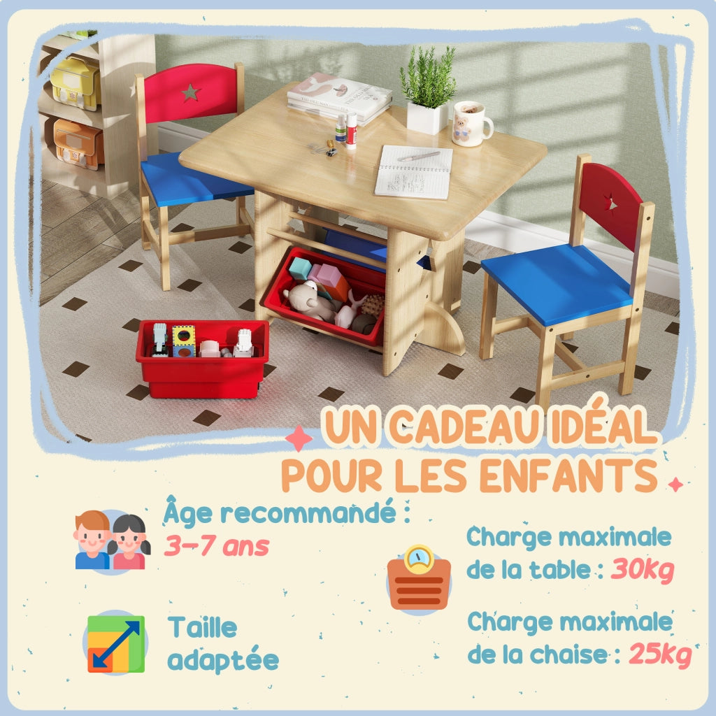 Tavolo bambini con sedie e contenitori ¨C zephmum ¨C legno naturale 3 pezzi