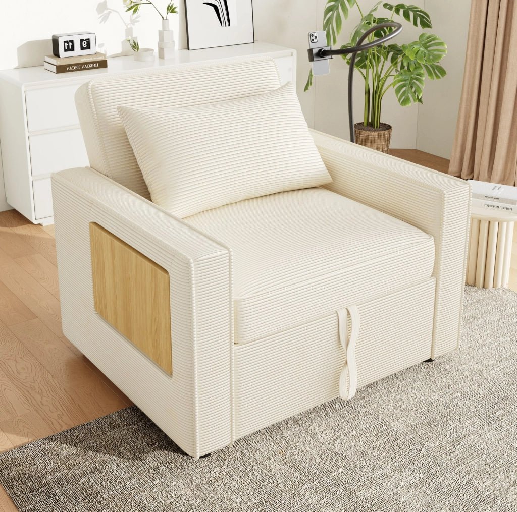 Divano letto 1 posto multifunzione con USB; Type-C e supporto smartphone; velluto a coste beige