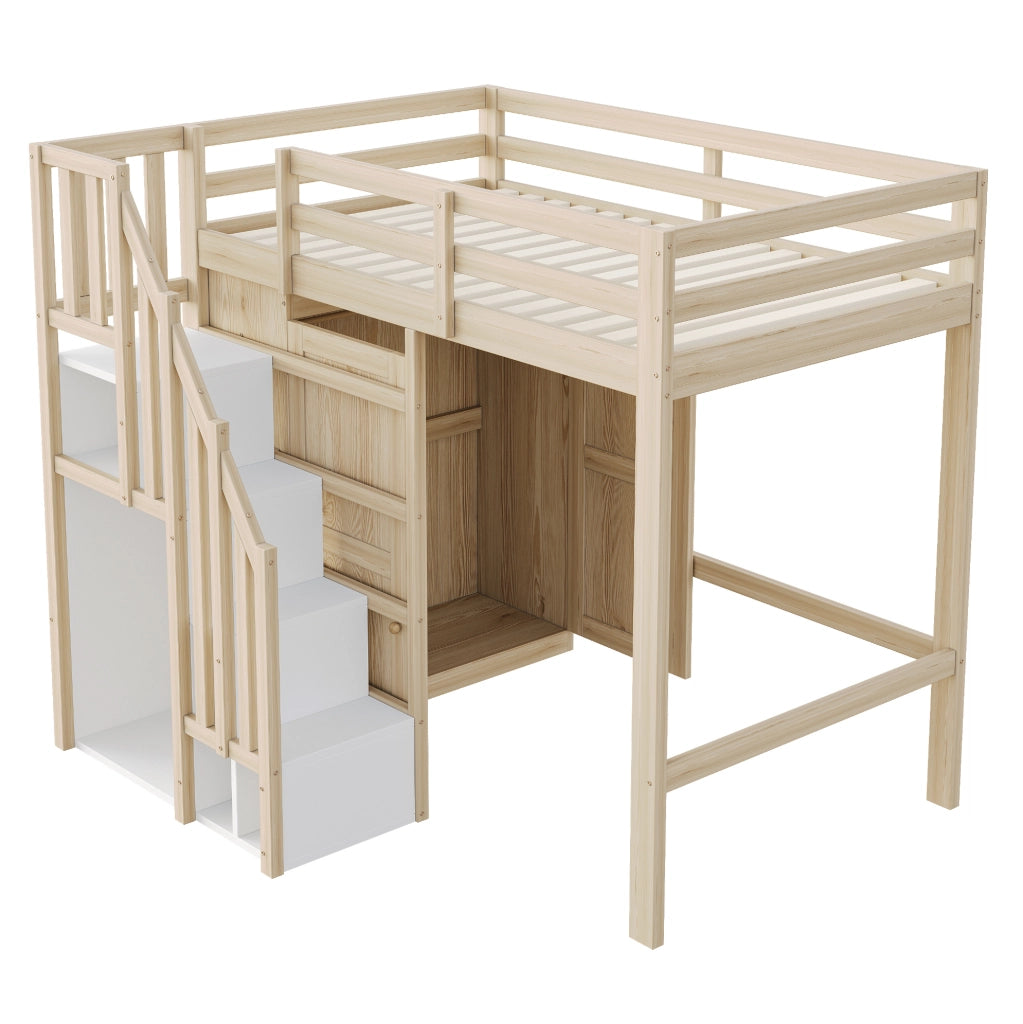 Letto a soppalco 90x200 cm con armadio e scala contenitore colore legno naturale