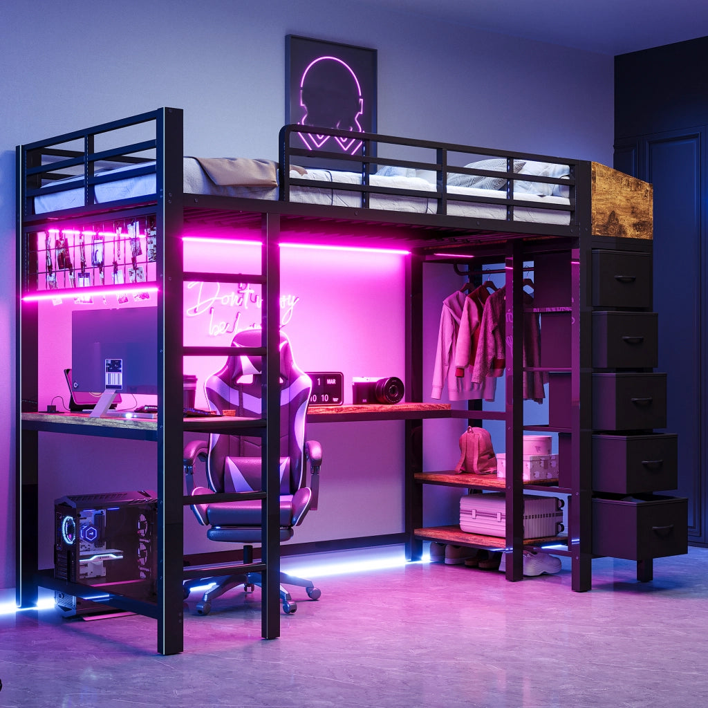 Letto a soppalco in metallo 90x200 cm con scrivania gaming, sistema di contenimento e luci LED