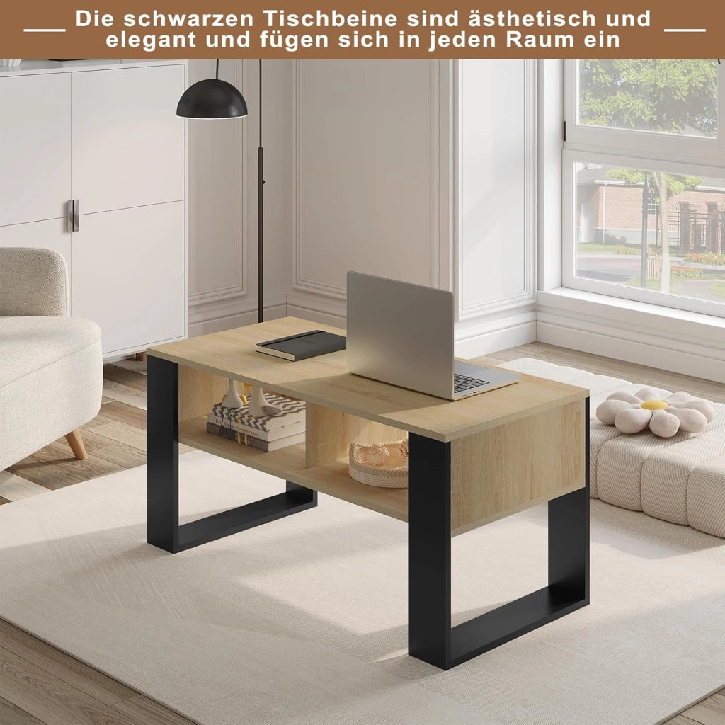 Tavolino da Salotto/Divano con 2 Scomparti Aperti, Tavolino Basso, Tavolo Laterale per Soggiorno, Camera da Letto, in Legno, Marrone Rustico + Nero, 90x45x45 cm, BTS16hov