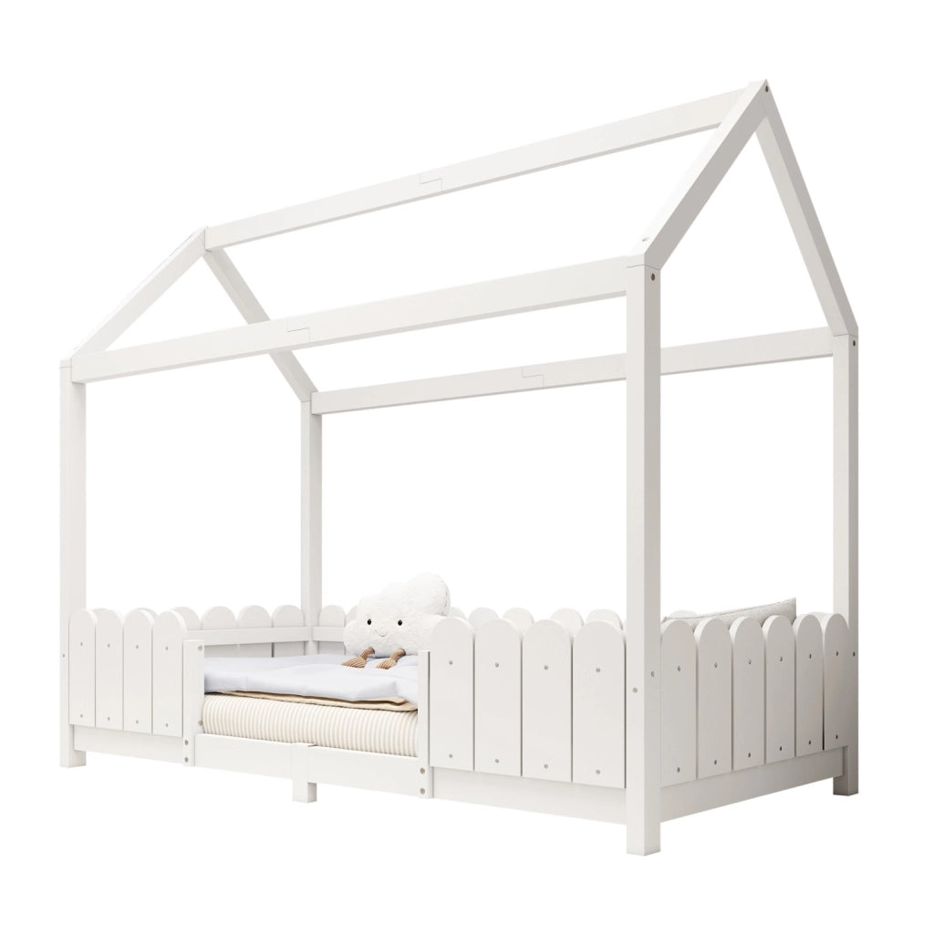 Letto a casetta per bambini 90x200 cm con protezione anticaduta e rete a doghe; legno e MDF bianco