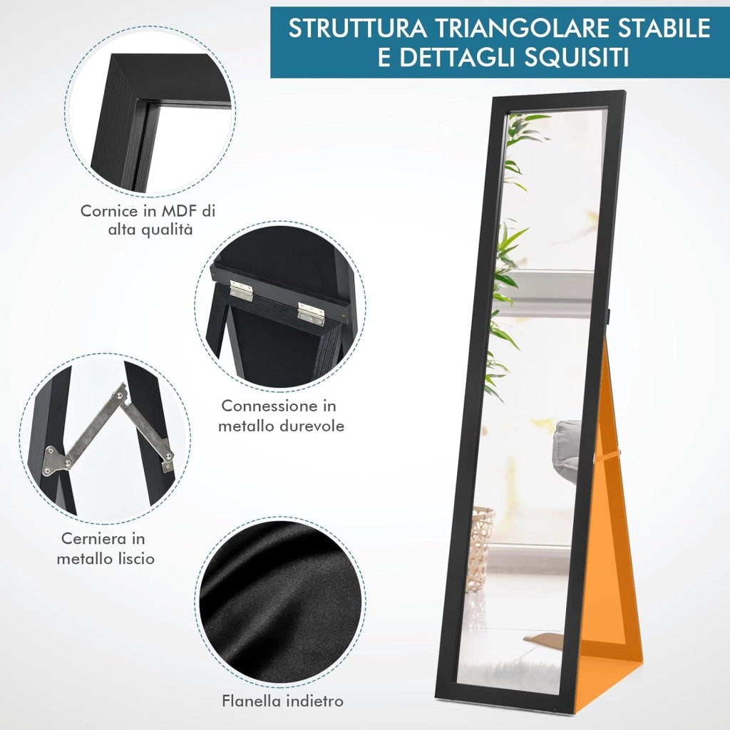 Specchiera da Terra Autoportante a Figura Intera, Specchio Rettangolare, in Legno (Nero)