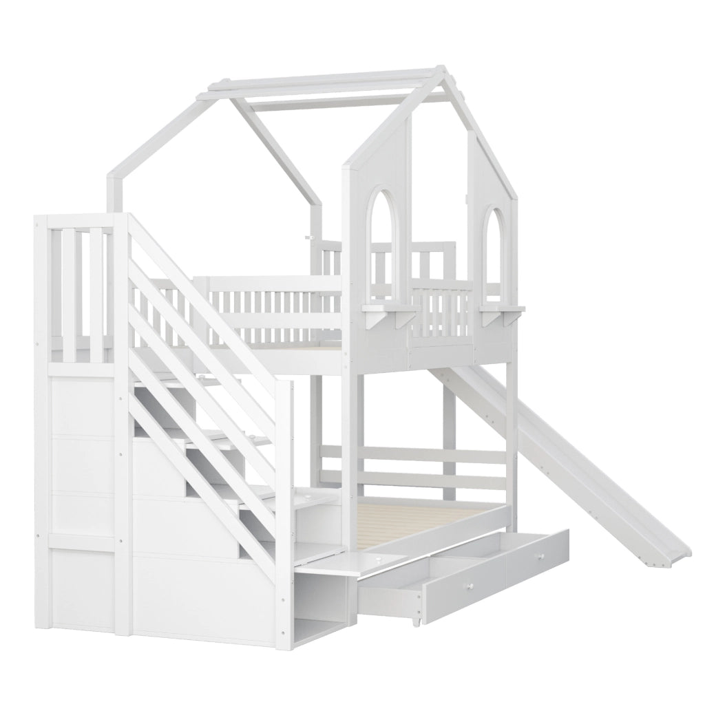 Letto a castello per bambini 90x200 cm con scivolo bianco