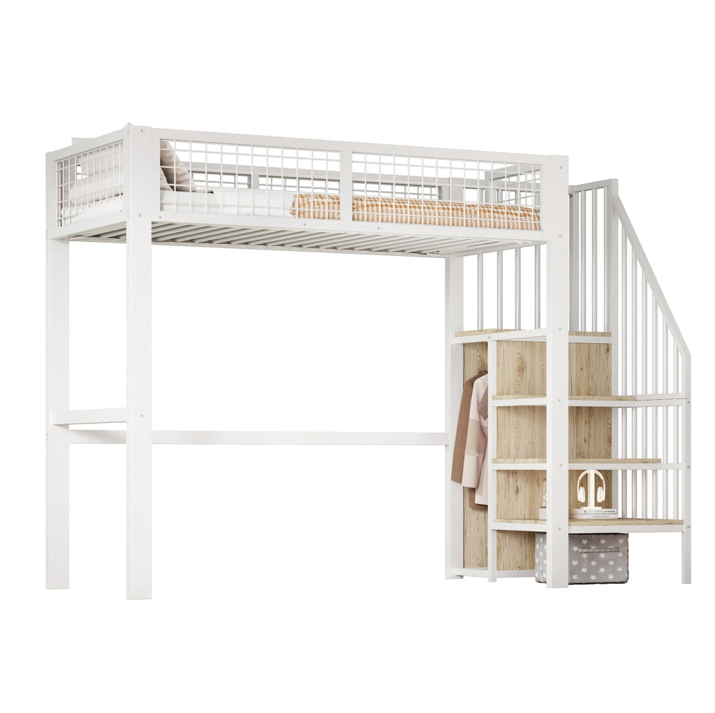 Letto a soppalco 90x200 cm in metallo bianco con scala di sicurezza e armadio integrato