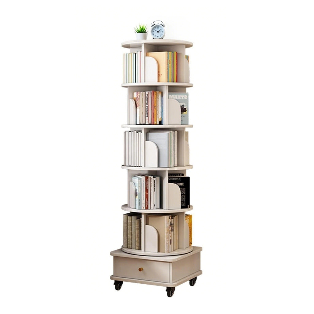 Libreria girevole 360° con ruote e cassetto, salvaspazio, bianco, MDF