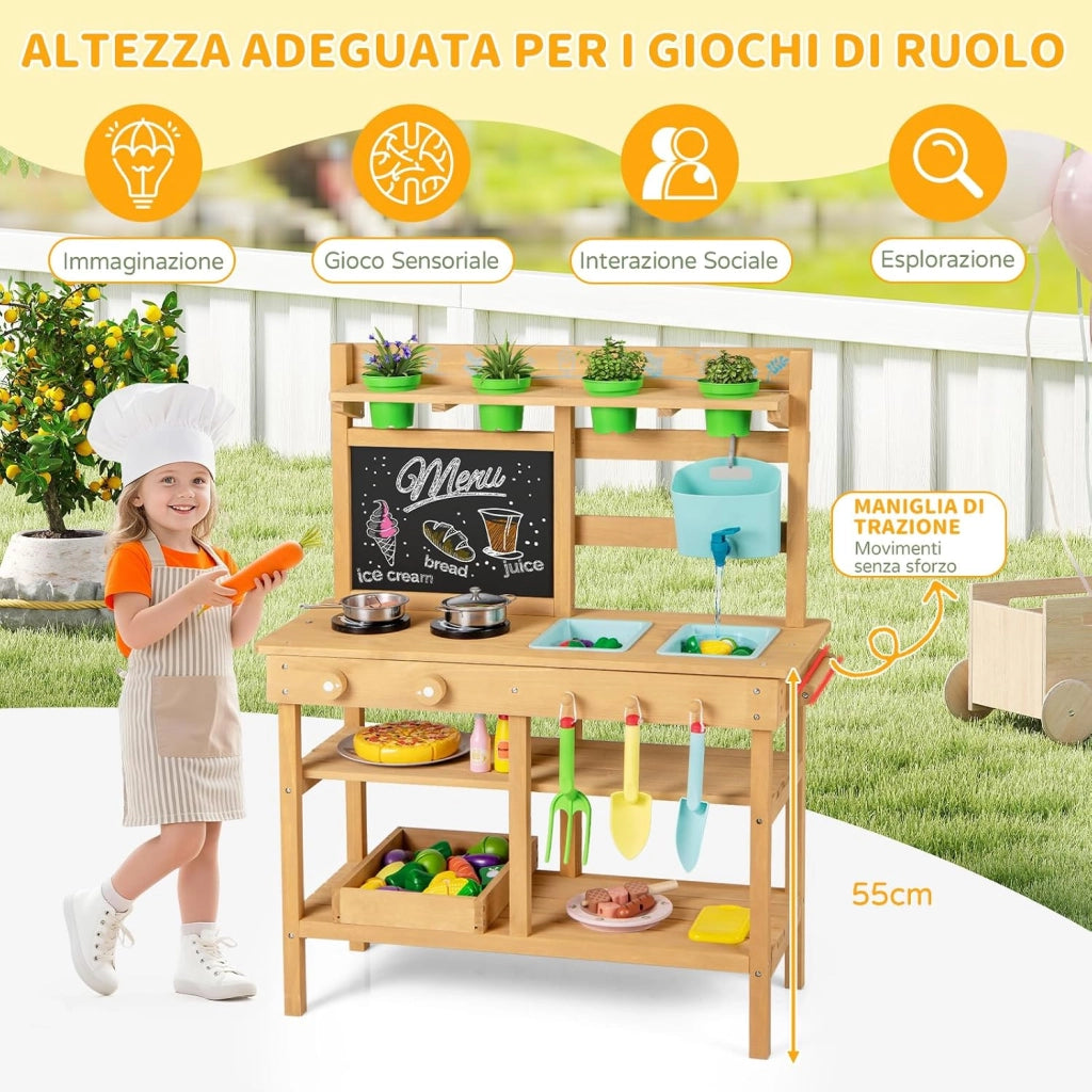 Cucina in Legno per Bambini, Cucina da Gioco all'Aperto con Rubinetto, Lavandini Rimovibili, Lavagna, Fornelli, Manopole, Vasi di Fiori e Accessori per Piantare, per Bambini 3+ Anni