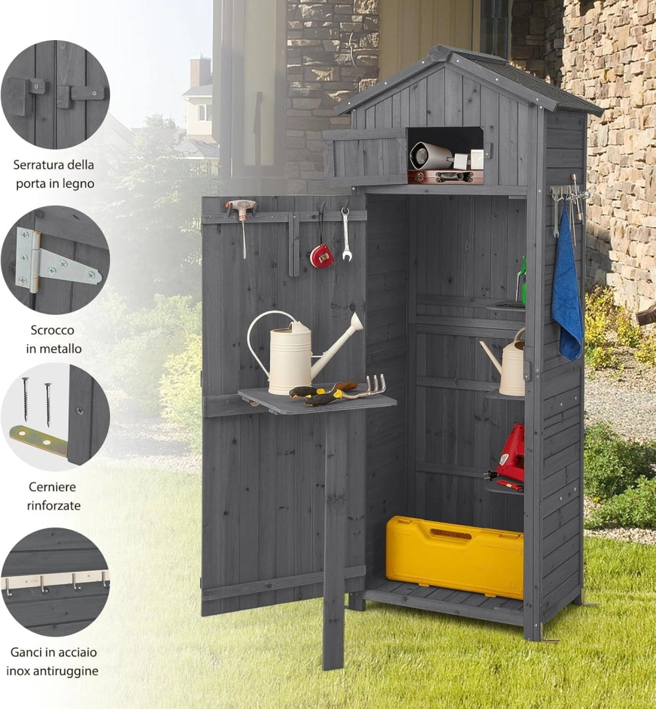 Armadio da Esterno in Legno, Capanno da Giardino con Serratura, Tavolo Pieghevole, Tetto Impermeabile, Ganci, Ripiani Rimovibili e 4 Staffe Metalliche, per Patio, Giardino e Cortile (Grigio)