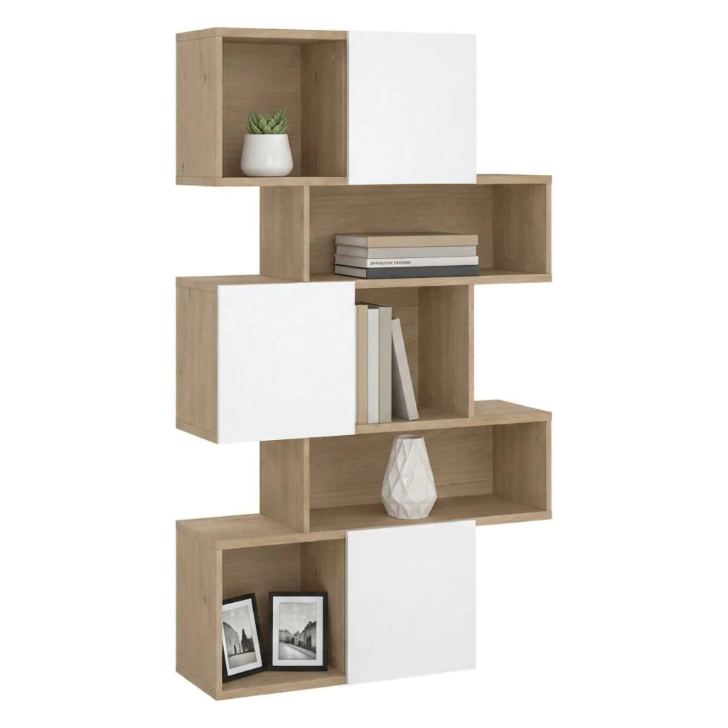 Libreria Acetosella, Scaffale da ufficio, Mobile portalibri, Biblioteca, 96x32 h166 cm, Rovere e Bianco lucido