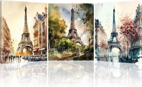 Set di 3 Stampi di Torri Eiffel su Canova - Paesaggi Urbani - Decorazione Moderna per Pareti - Fototessere 30 x 40 cm