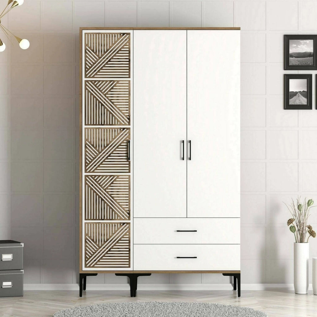 Guardaroba 3 ante Awty, Mobile camera da letto, Cabina armadio portabiti, Armadio appendiabiti, 120x48h201 cm, Noce e Bianco