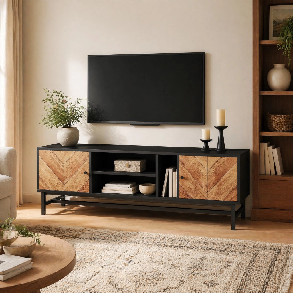 Mobile porta TV 150 cm nero e effetto legno con 2 ante e ripiani