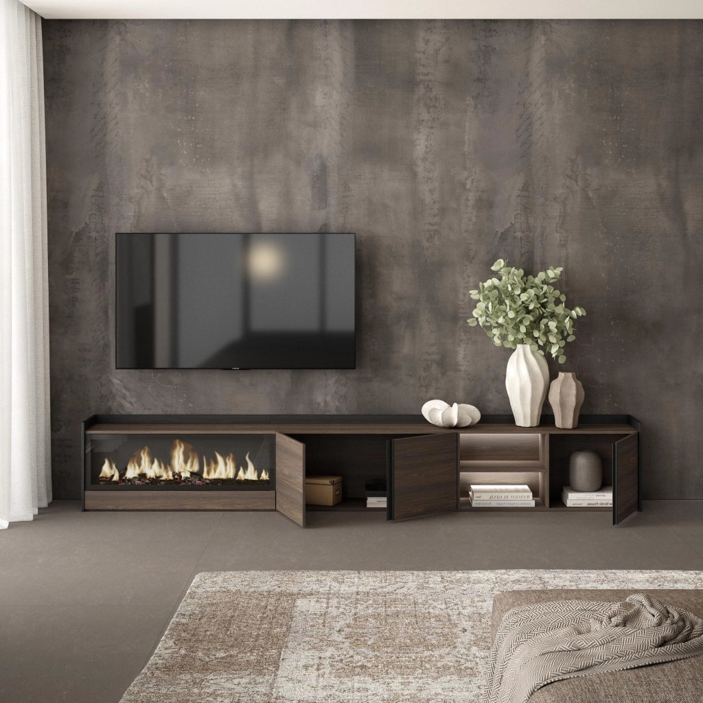 Mobile TV Soggiorno, 315x50x35 cm, Per TV fino a 80", Camino elettrico XXL, LED, Rovere scuro e Nero