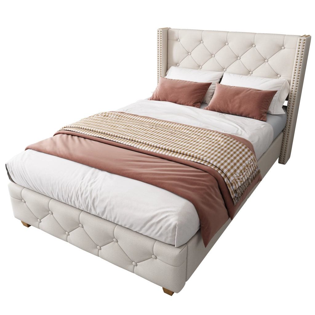 Letto Singolo 90 x 200 cm con Testiera Imbottita e Piedi in Legno; senza Materasso; Beige