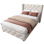 Letto Singolo 90 x 200 cm con Testiera Imbottita e Piedi in Legno; senza Materasso; Beige