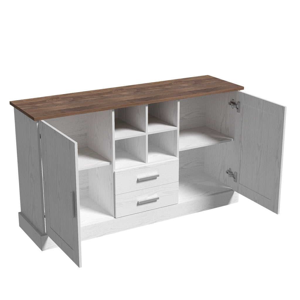 Credenza 2 Ante 2 Cassetti ¨C MINIMAL ¨C Bianco e Marrone Effetto Legno 140x40x79,5 cm