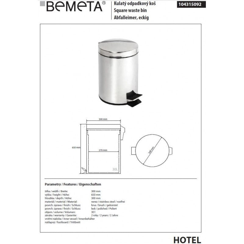 Pattumiera da cucina HOTEL in acciaio lucido ø 30 cm / 30 L