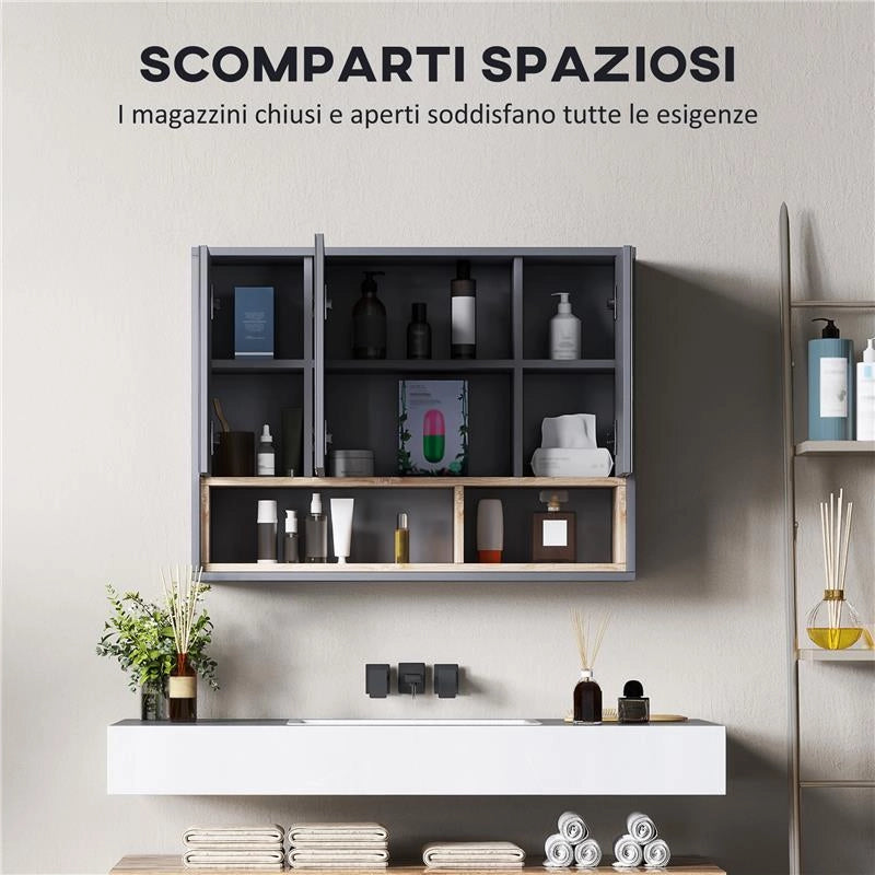 SPECCHIERA BAGNO A 3 ANTE CON ARMADIETTO 8 VANI E ANTE AMMORTIZZATE, 80X20X60 CM, GRIGIO