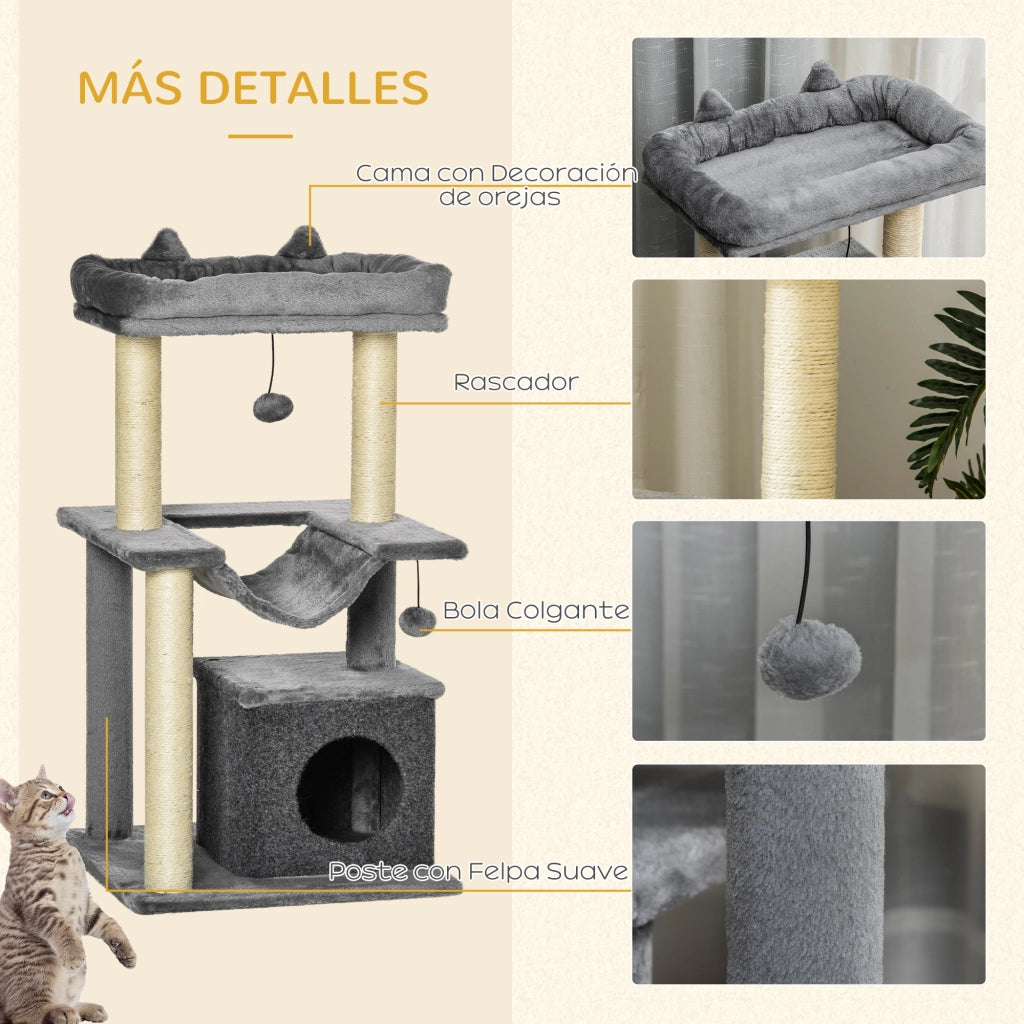Albero per Gatti a 3 Livelli con Piattaforma, Nido e Palline ¨C Zephmum ¨C Grigio 48x48x90 cm