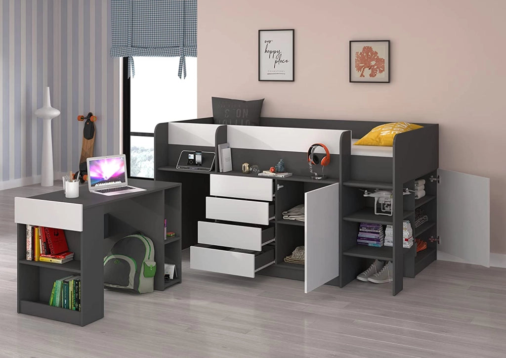 LETTO MOBILE CASSETTIERA CON SCRITTOIO SMILE P 204x 112x112cm LATO DESTRO GRAFITE BIANCO