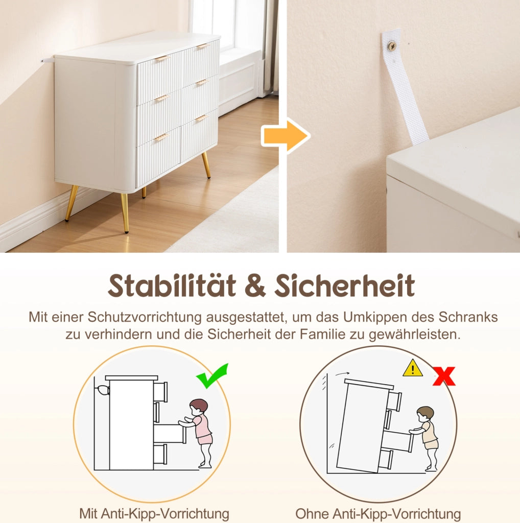 Cassettiera bianca a 6 cassetti in MDF con guide soft-close e gambe da 20 cm