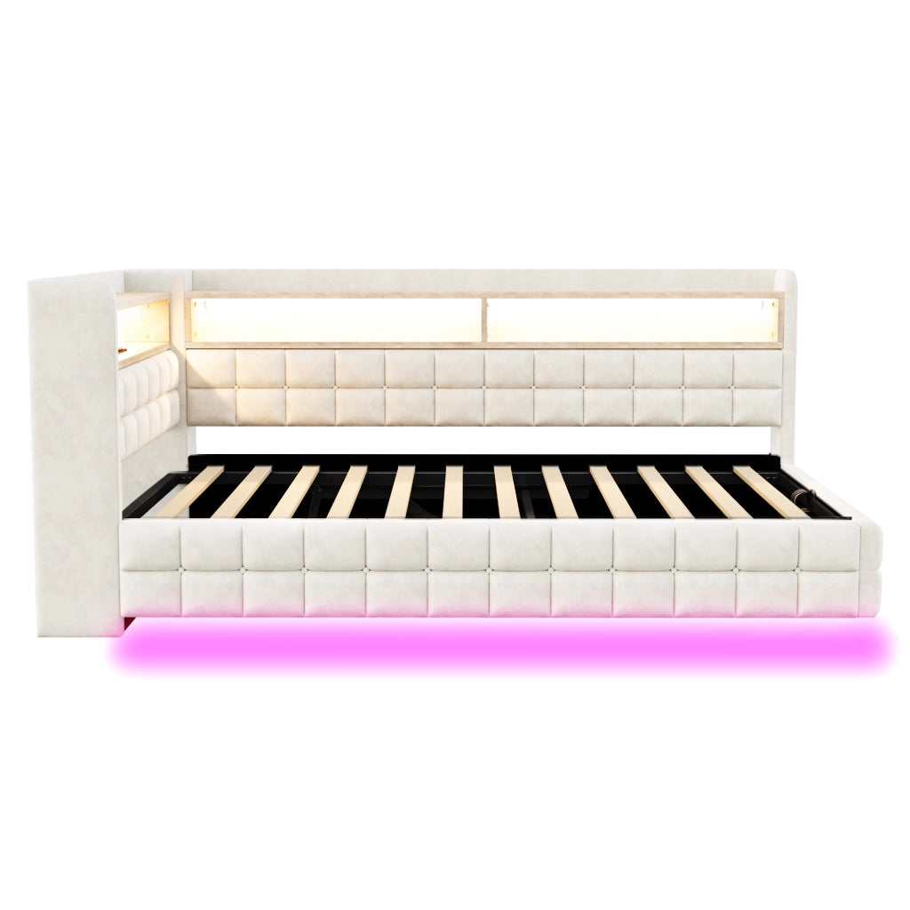 Letto singolo 90×200 cm con contenitore idraulico; ripiani; LED; USB e Type-C; senza materasso; velluto; beige