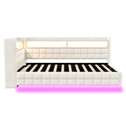 Letto singolo 90×200 cm con contenitore idraulico; ripiani; LED; USB e Type-C; senza materasso; velluto; beige