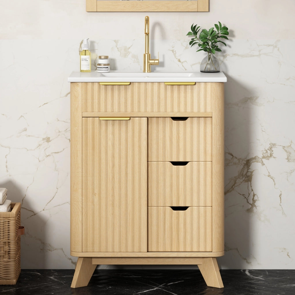 Mobile sottolavabo con 3 cassetti e anta scorrevole - per bagno - in MDF e ceramica - 61x47x90 cm - legno naturale