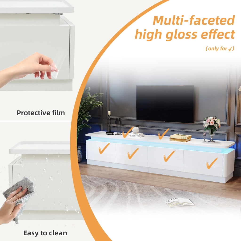 Mobile porta TV con LED, 4 cassetti e finitura lucida, per soggiorno, in truciolato bianco, 180 × 34 × 40 cm