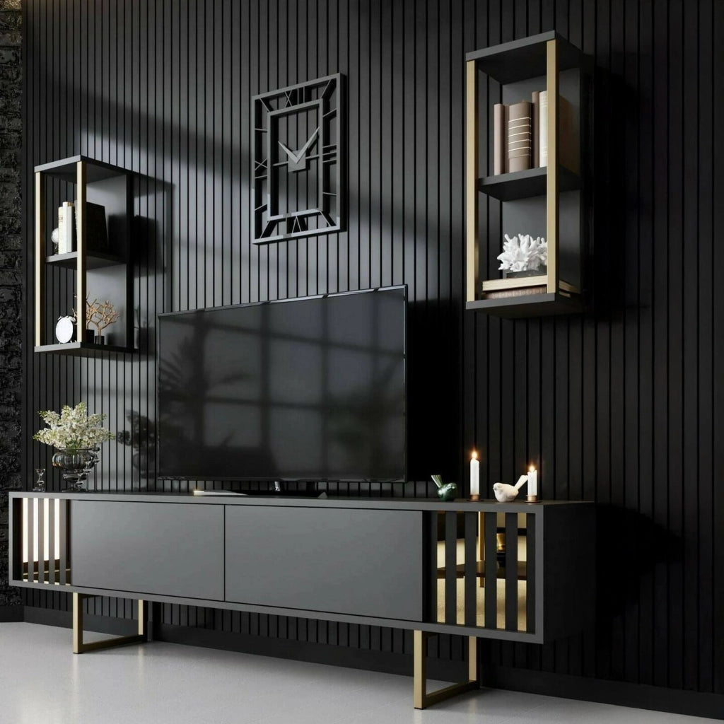 Mobile porta TV Artinay, Credenza da soggiorno, Armadio basso per TV, Base parete attrezzata, 180x30h48 cm, Antracite e Oro