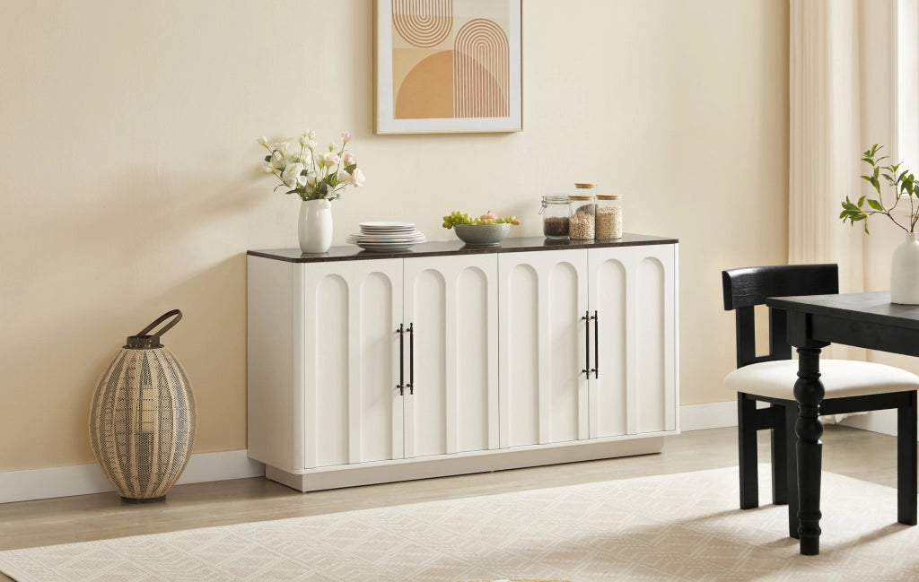 Sideboard con 4 porte, chiusura ammortizzata e fissaggio anticaduta, 160 cm, bianco e nero