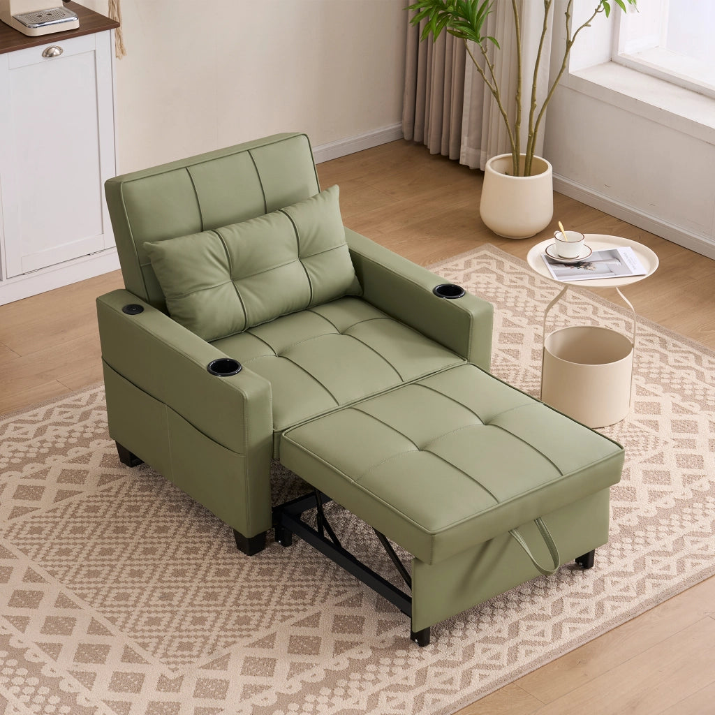 Poltrona letto 3 in 1 estraibile con schienale regolabile; USB e tasca laterale in legno e metallo - avocado