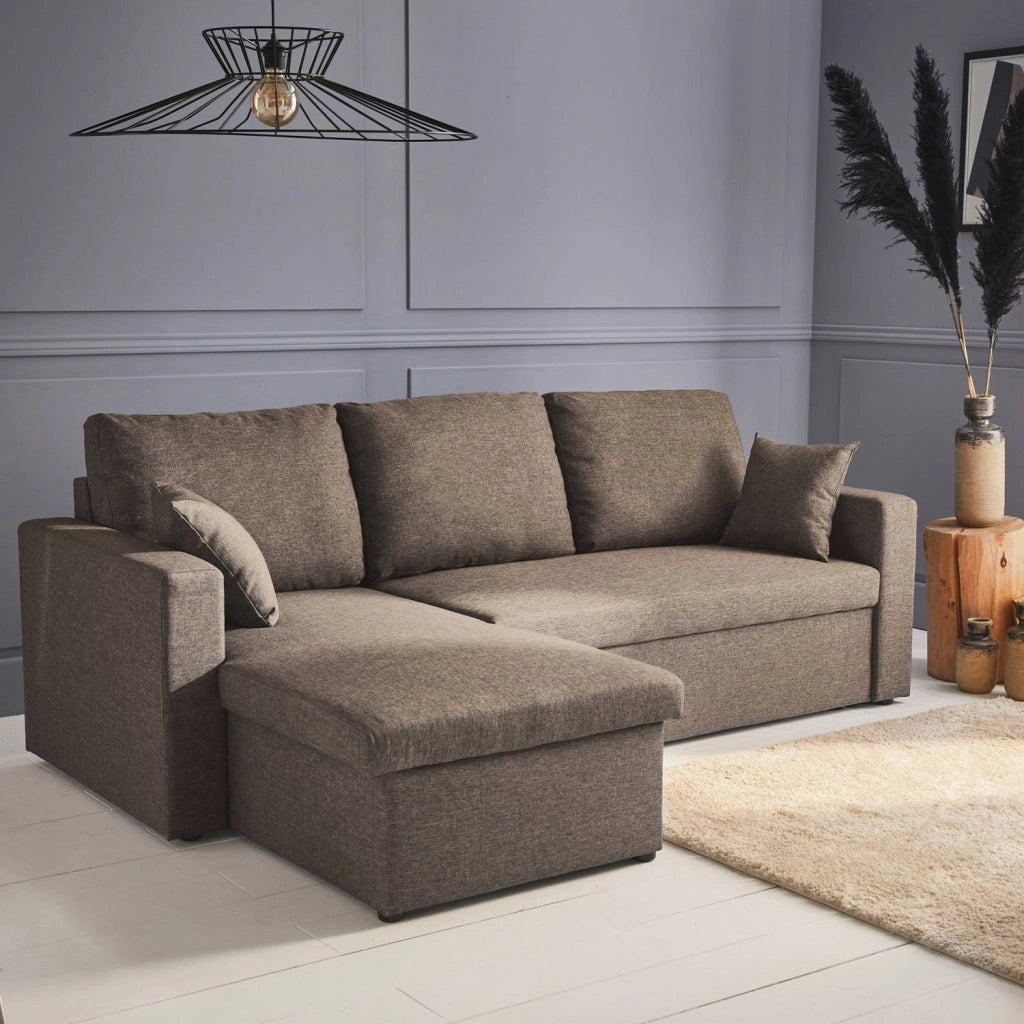 Divano letto angolare reversibile con contenitore, 3 posti, marrone