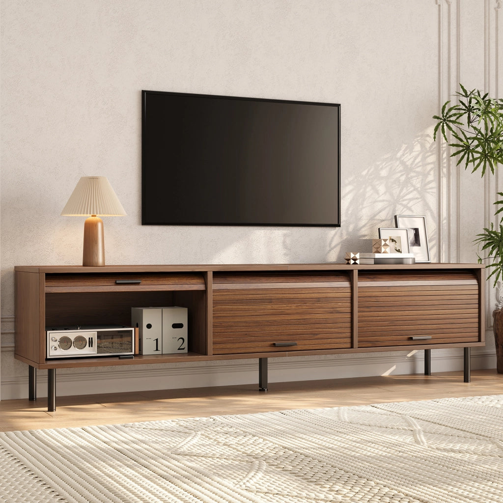 Mobile TV con 3 porte scorrevoli verso l'alto e 5 piedi in metallo; per soggiorno; 180 × 40 × 55 cm; noce