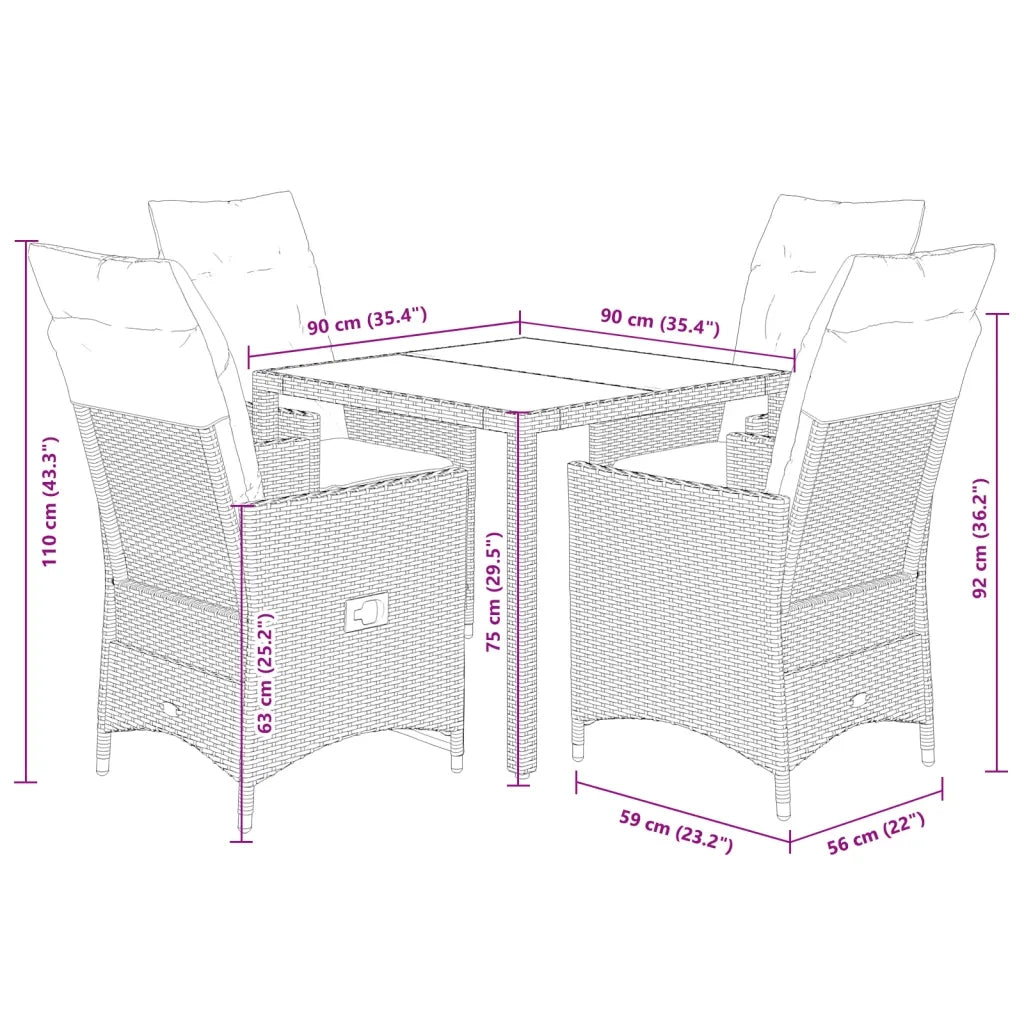 Set da Pranzo da Giardino 5 pz Nero con Cuscini in Polyrattan 3276693