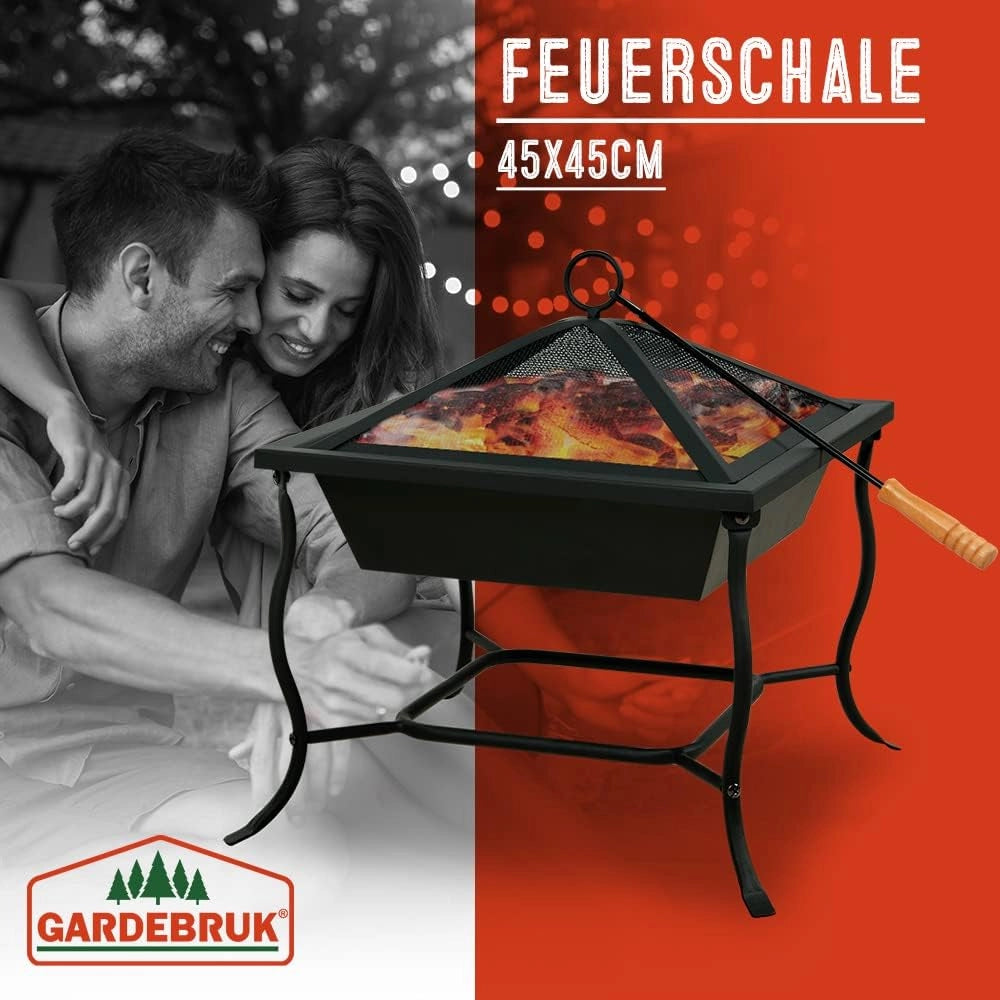Deuba Braciere da Esterno Quadrato 45x45cm Parascintille Attizzatoio Ciotola da Fuoco Bracieri