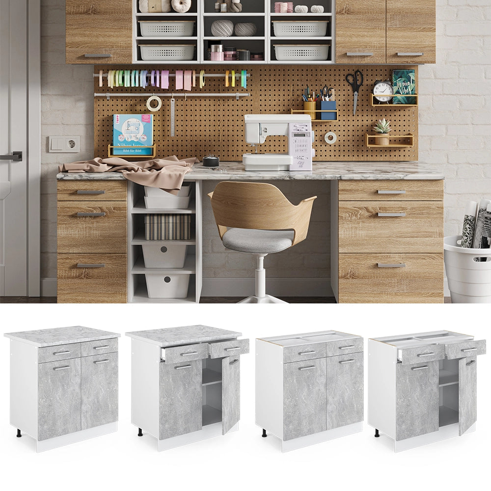 Vicco Base universale Calcestruzzo 80 cm con cassetti e ante, con piano di lavoro