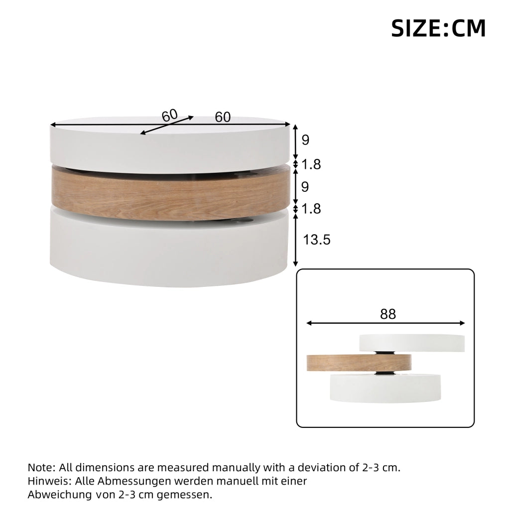 Tavolino basso girevole con 3 piani e vano contenitore nascosto per soggiorno in MDF bianco e legno naturale 60 × 60 × 35,1 cm