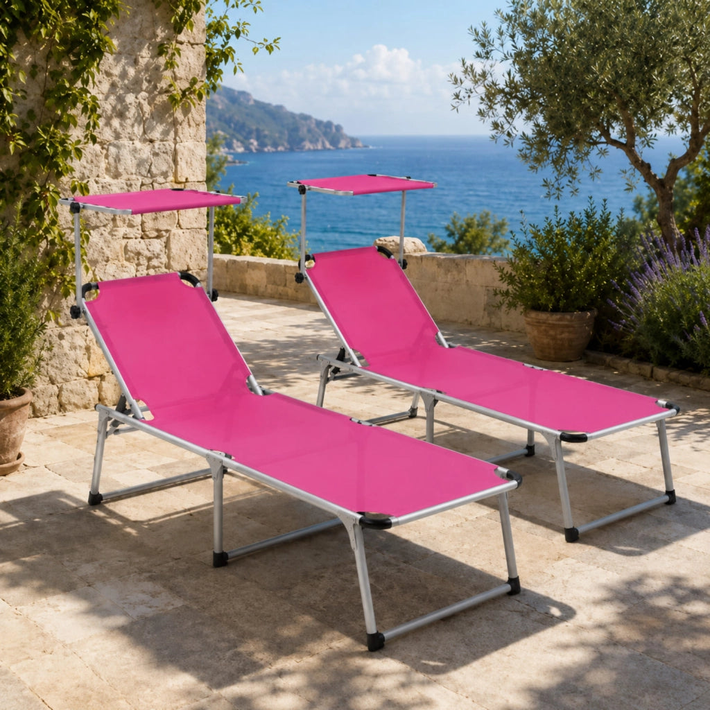 Prendisole Coppia Di Lettini Pieghevole Tettuccio Parasole Schienale Reclinabile Regolabile 6 Posizioni Struttura In Alluminio Sedia Sdraio Spiaggia Mare Giardino Piscina 187 x 59 x 29 Cm Rosa
